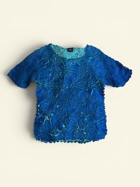 Origami Magic Scarf Popcorn Top Vintage Y2K Blue Teal Crinkle Shimmer One Size
